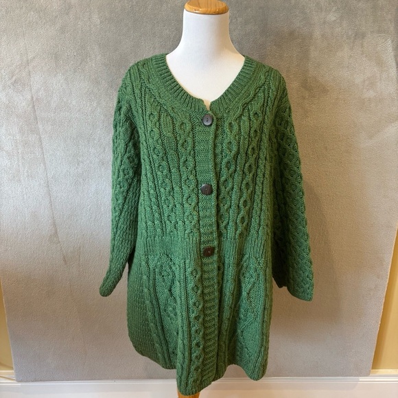 Kilronan Irish Knitwear Green Merino 100% Pure New Wool Cardigan Sweater Coat XL - Picture 3 of 6